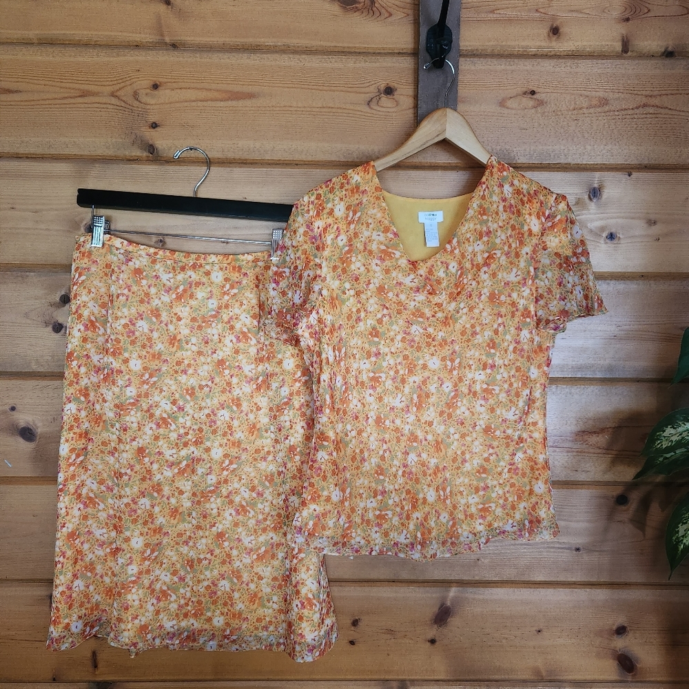 Address Maggy 💜Vintage 100% Silk 2 Piece Top Skirt Set Sheer Floral Outfit Sz 8